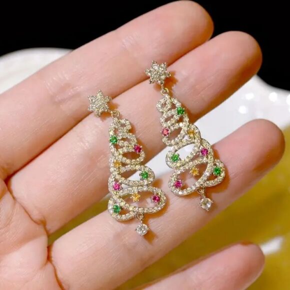 Cb#3 GOLD RHINESTONE CHRISTMAS TREE earrings - Picture 1 of 3
